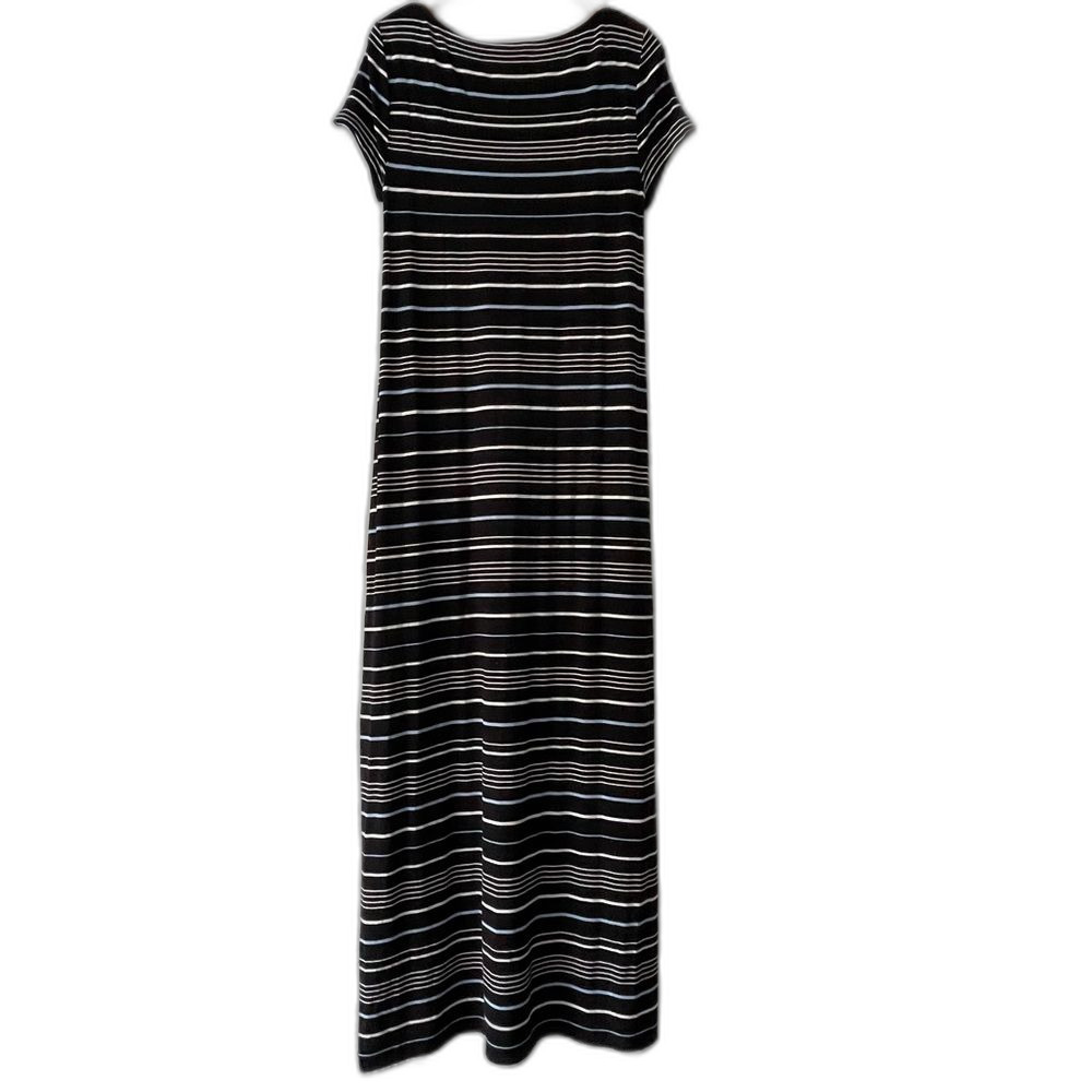 WHBM Navy Blue, white, light blue short Sleeve striped shimmery Maxy Dress Sz: S - Picture 2 of 10
